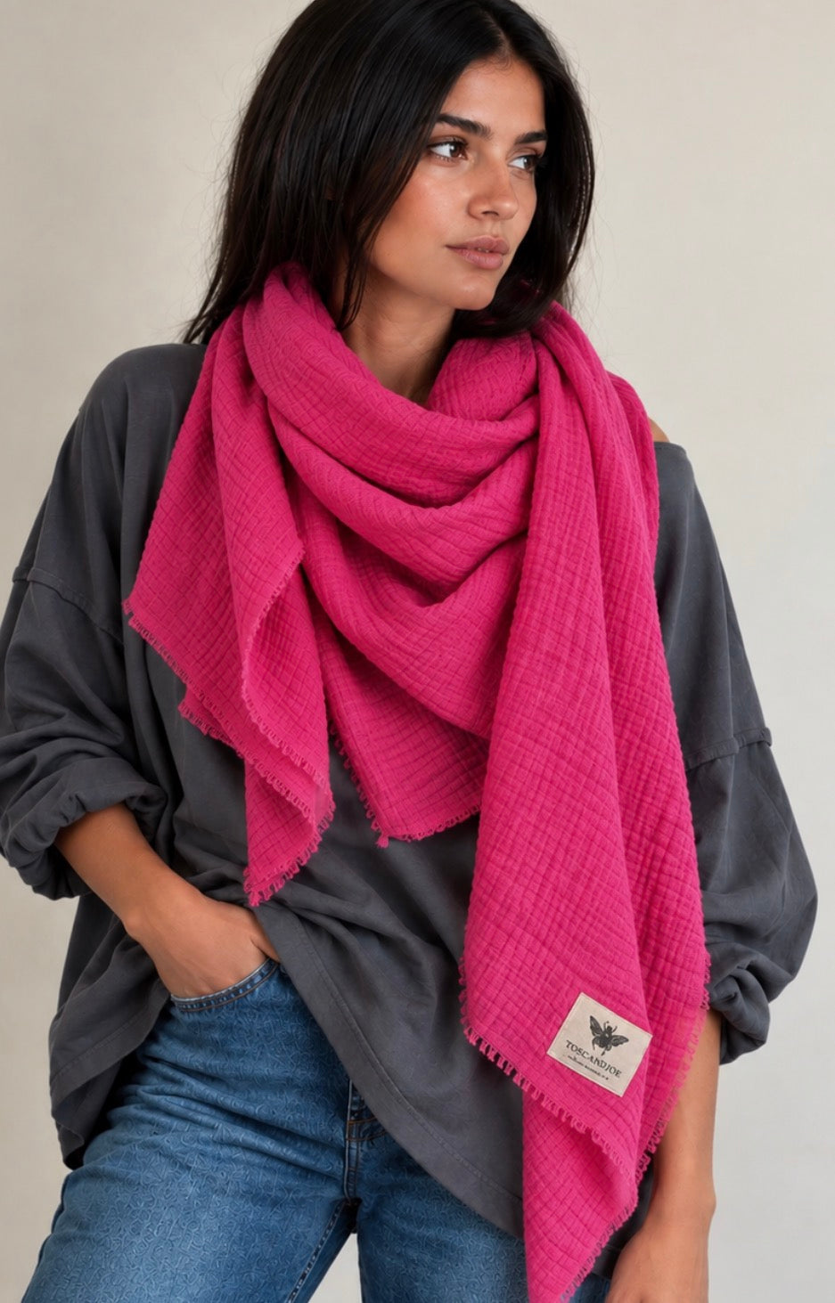 Echarpe Plaid Gaze de Coton Fuschia